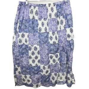 J Crew Blue‎ White Patchwork Skirt XL Cotton Block Print Boho Cottagecore